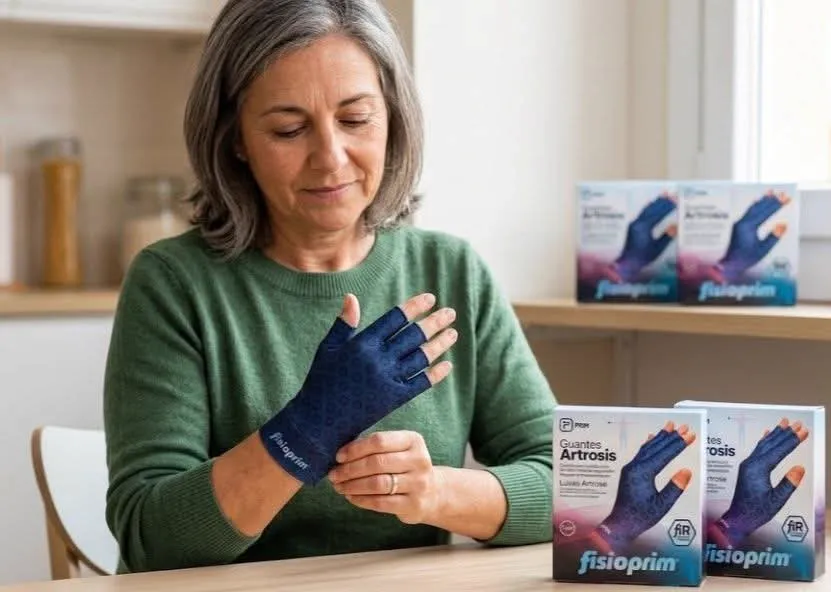 Mujer con guantes de compresión para la artrosis Fisioprim